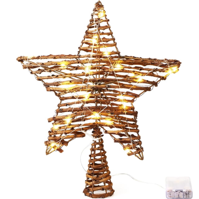 Hilo navideño de ratán en forma de estrella para copa de árbol, 35 cm, con 20 luces cálidas