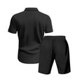 thumbnail image 3 of Cotton Men's Two Piece Sets Summer Lounge Sets Casual Short Sleeve Button Shirts and Elastic Waist Drawstring Shorts with Pockets Black S, 3 of 8