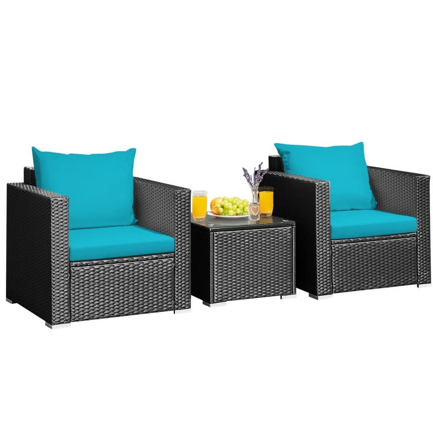 Aimee Lii 3 Pieces Patio Wicker Conversation Set with Cushion, Modern Patio Furniture, Turquoise