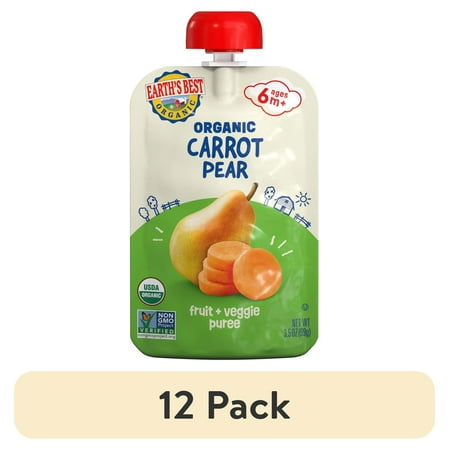 (12 pack) Earth's Best Organic Stage 2 Baby Food, Carrot Pear Fruit & Veggie Puree, 3.5 oz Pouch