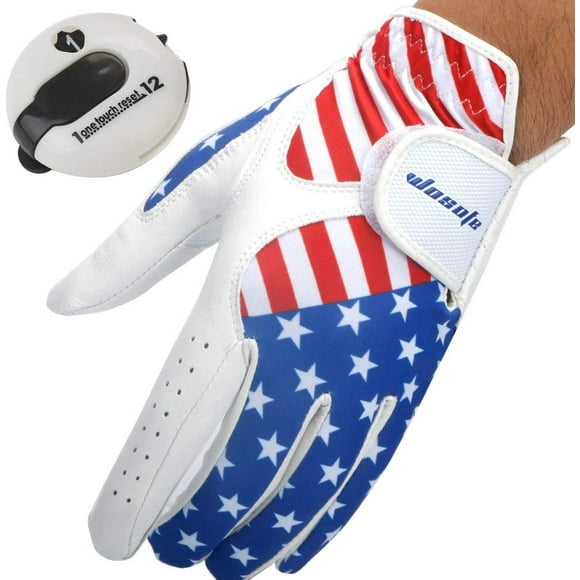 Golf Gloves Men's Left Hand Leather with Score Counter USA Flag White Soft Breathable Professional Mini