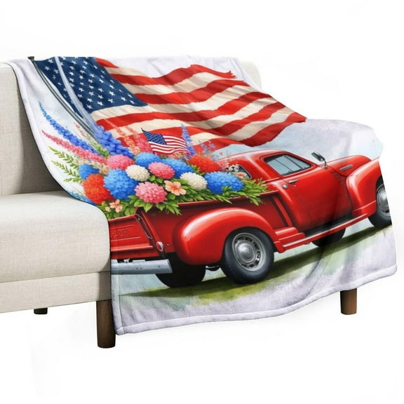 Red Truck with Flowers And American Flag Throws Blankets for Sofa Bed Winter Plush Warm Blanket Holiday Gifts