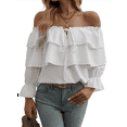 thumbnail image 3 of Women'S Off Shoulder Ruffle Trendy Summer Fashion Long Sleeve Blouse Sexy- Dressy Casual Outfits Layered Tops White S, 3 of 7