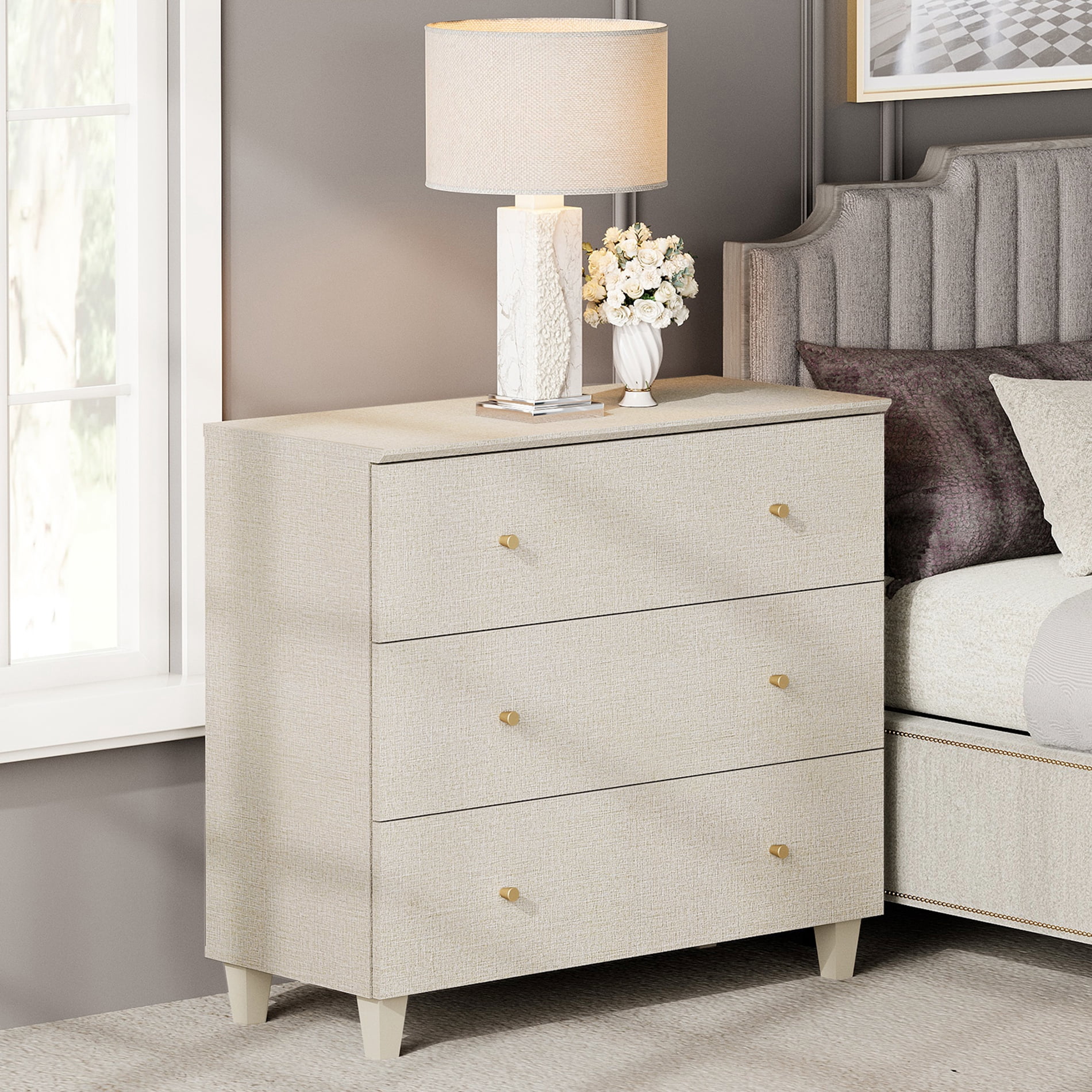 WAMPAT Large 3-Drawer Nightstand, 36" Wide Wooden Bedside Table with Deep Storage, Modern Oversized End Table for Bedroom, Beige Linen Printed