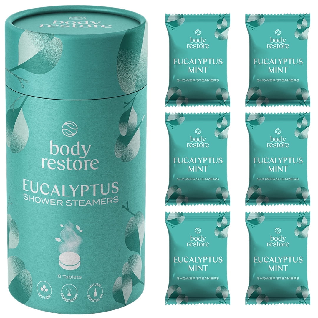 Body Restore Shower Steamers Aromatherapy 6 Count – Eucalyptus Mint, Long Lasting, Individually Wrapped, Spa Stress Relief Self Care Gift for Women and Men