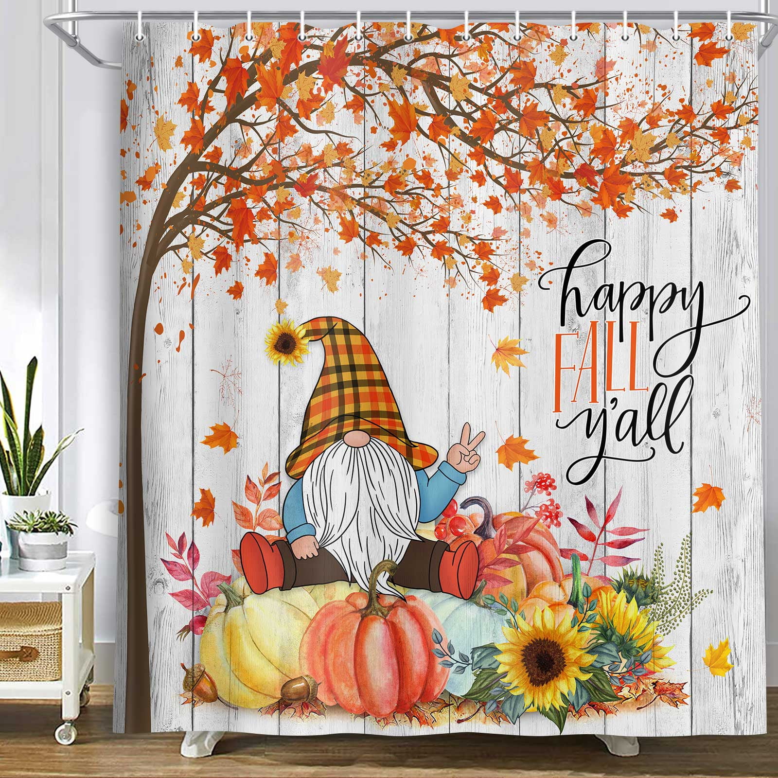 Fall Gnome Thanksgiving Shower Curtain, Autumn Maple Tree Leaves Harvest Pumpkin Bathroom Curtains with Hooks Set, 72 x 72 Inch