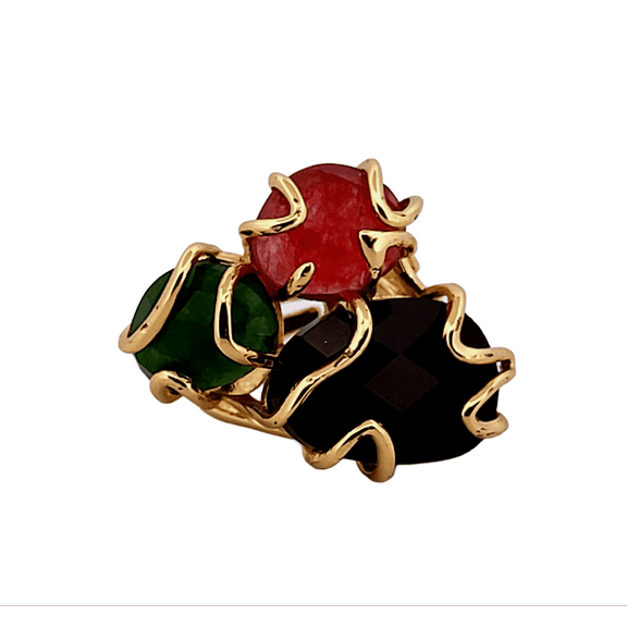 Natural Black Obsidian, Red Jade & Green Jade Gold Adjustable Ring NBORJGJGAR