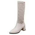 thumbnail image 7 of Knee High Boots Women Elegant Hollow Lace Mid Calf Dress Booties Chunky Block Heel Fashion Bucke Strap Side Zipper Long Fall Boots White Size 8, 7 of 7