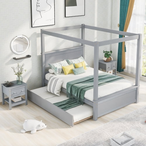 Full Size Canopy Bed with Trundle Bed, Solid Wood Full Platform Bed with Headboard, Footboard