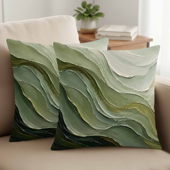 Set of 2 Layered Ridges Pillow Covers 16x16 Inch, Abstract Minimalist Green Beige Waves Impasto Decorative Throw Pillow Cases Cotton Cushion Covers for Sofa Couch Bed Living Room Bedroom Home Decor