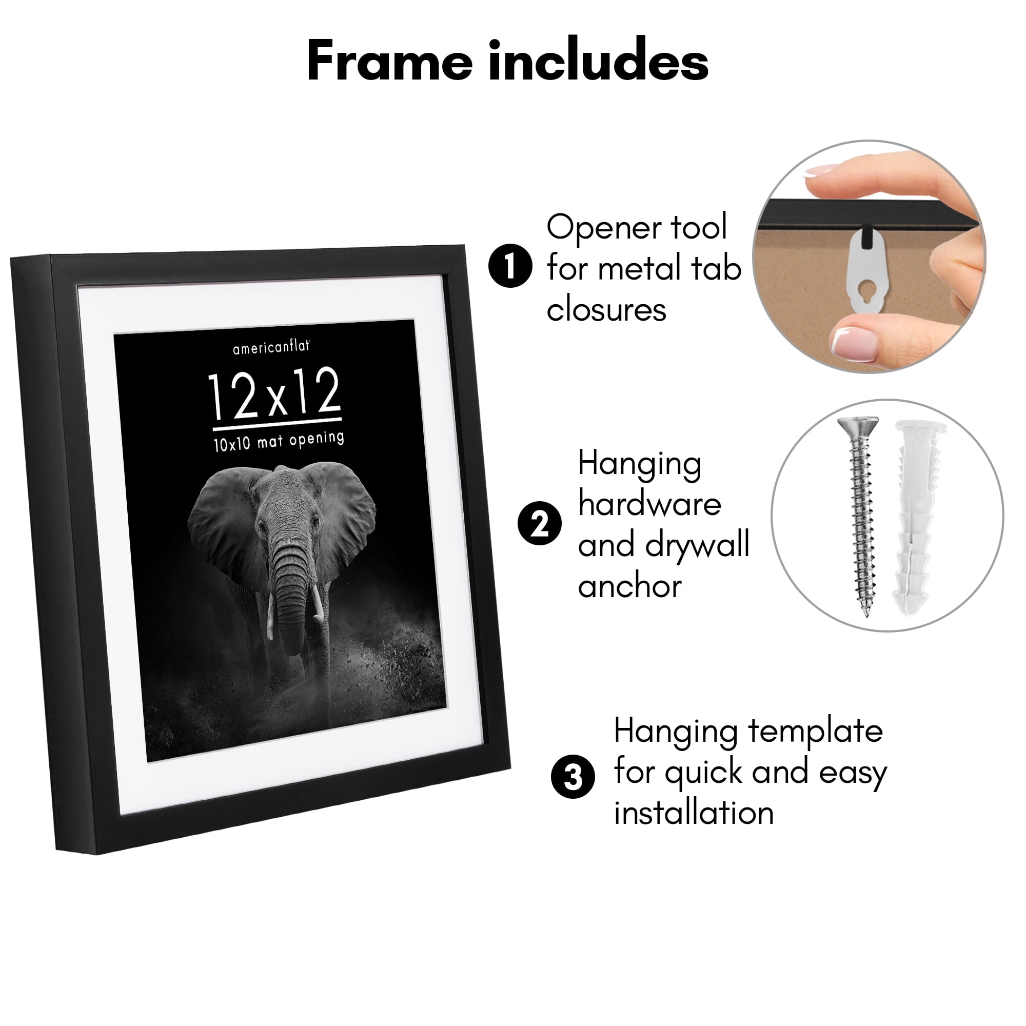 Americanflat 12x12 Picture Frame with Polished Plexiglass with 10x10 Mat Display Photo Soho Collection - Black
