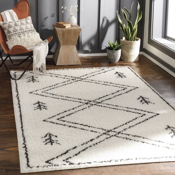 Livabliss Beni Shag Global Area Rug,5'3" x 7',Cream/Grey