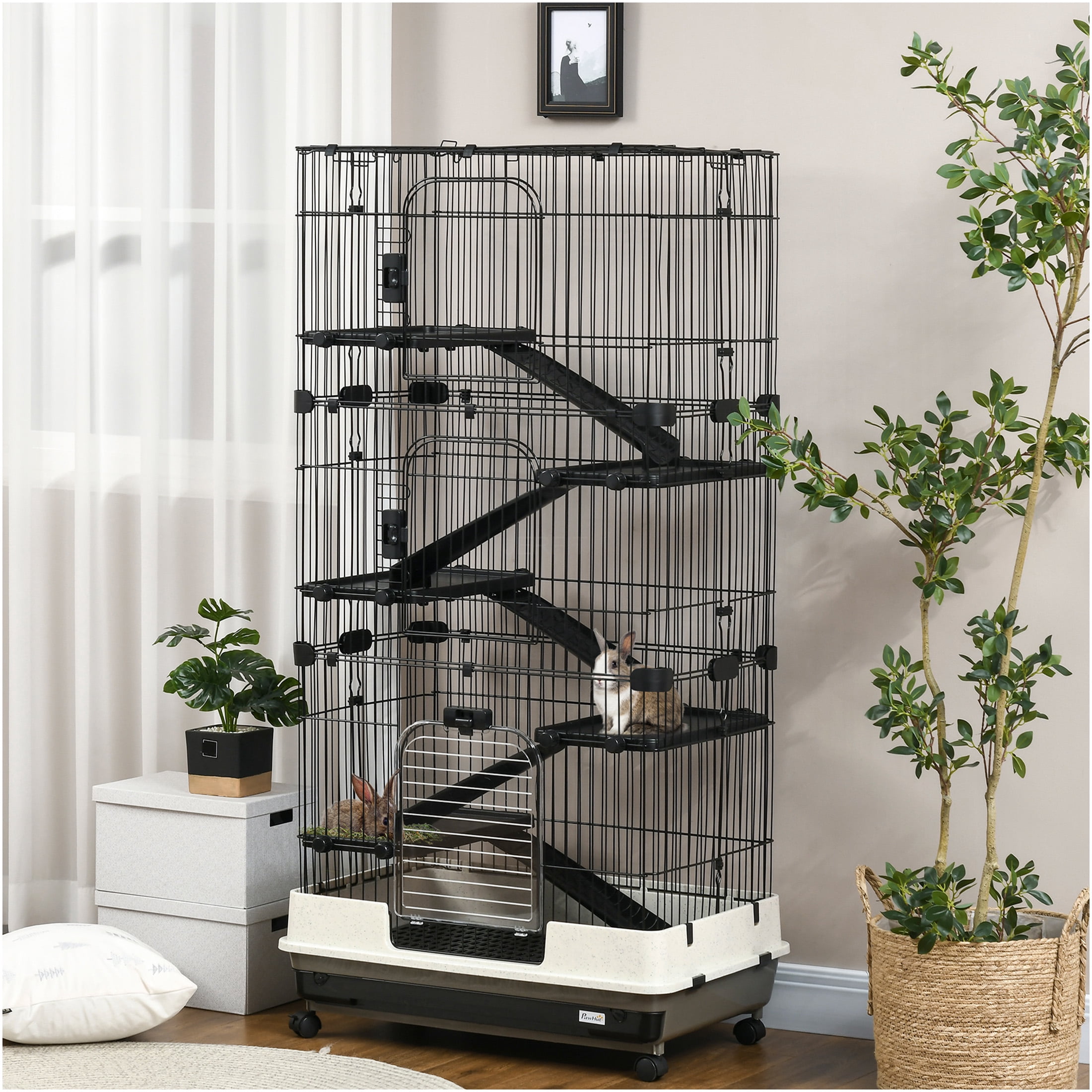 JERFIT 6-Tier Small Animal Cage with Wheels, Black Steel Ferret Hutch for Chinchilla Bunny Rabbit with Ramps, Platforms & Removable Tray