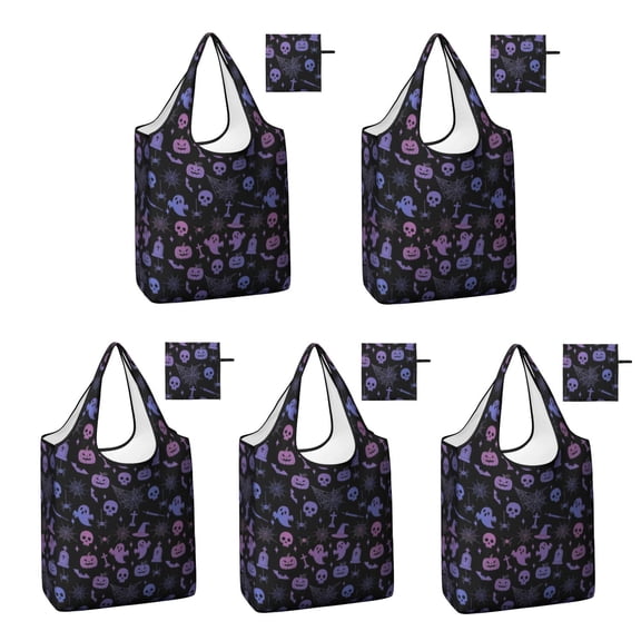 5 Pack Foldable Shopping Bag,Purple Halloween Ghost Pumpkin Skull Pattern Reusable Grocery Bags with Pockets,Large Reusable Tote Bags with Handles Waterproof & Lightweight
