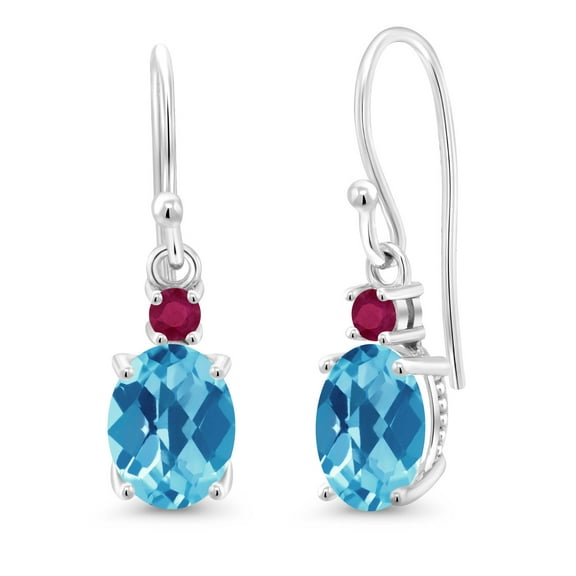 Gem Stone King 10K White Gold Swiss Blue Topaz and Red Ruby Dangle Earrings for Women (2.84 Cttw, Gemstone Birthstone, Oval 8x6mm)