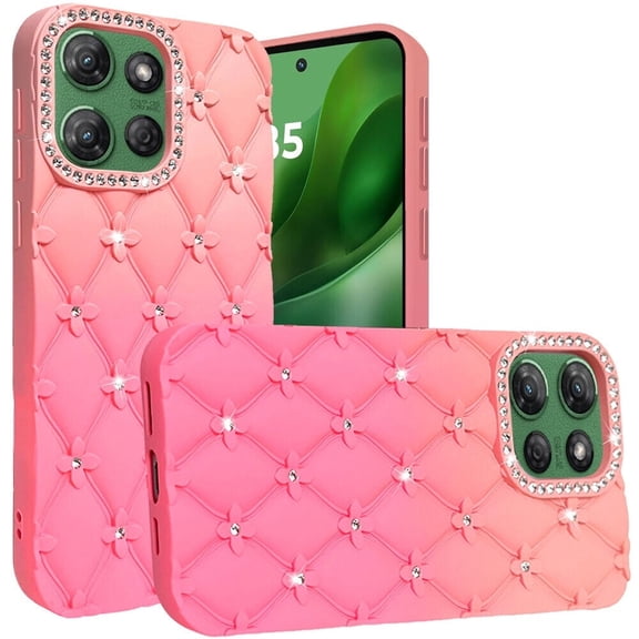 For Motorola Moto G 5G 2025 XT2513V Floral Joy Glitter Leather Feel Cover Cell Phone Case - Orange Pink