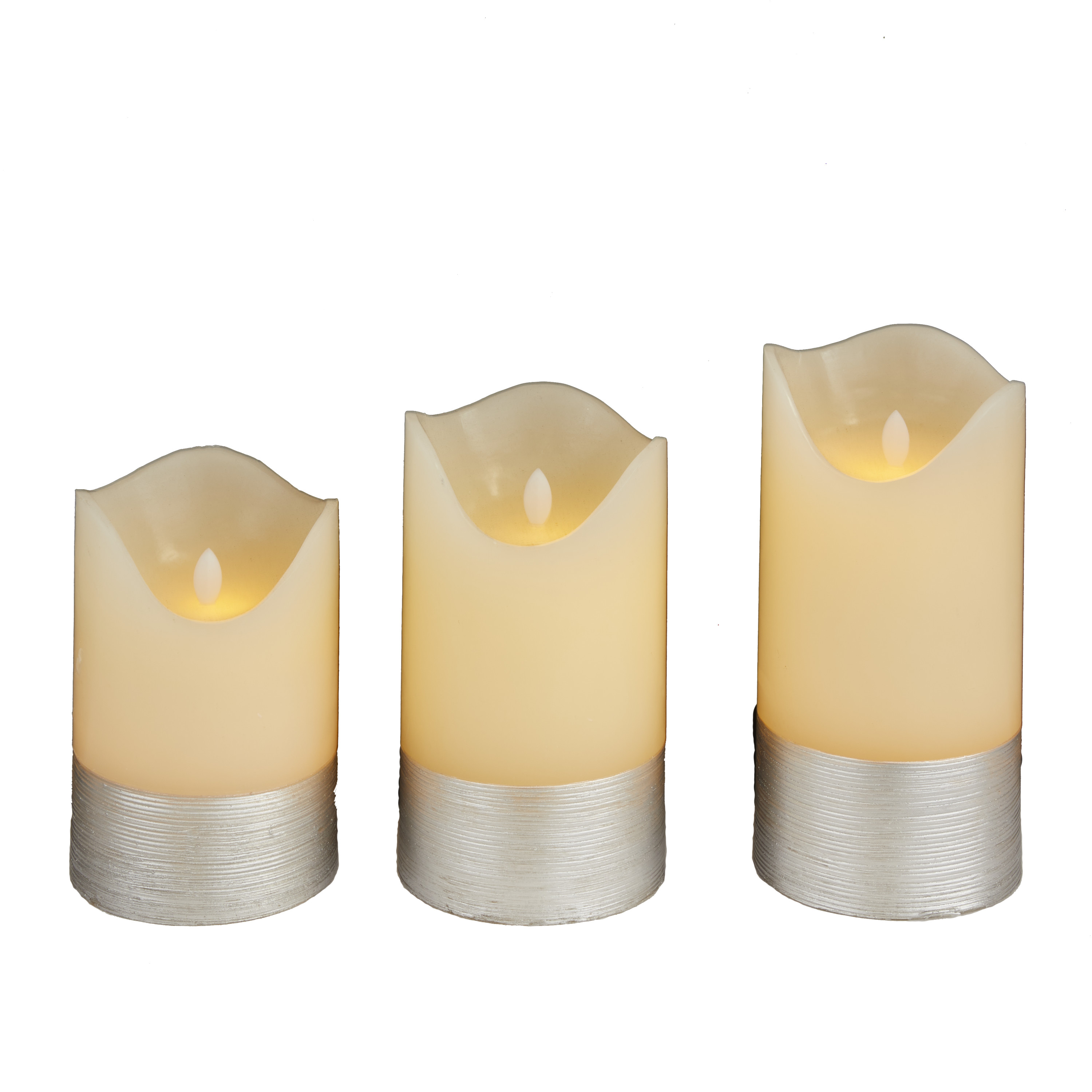 DecMode 8", 7", 6"H Silver Base Unscented Wax  Flameless Candle with Remote Control (Set of 3)