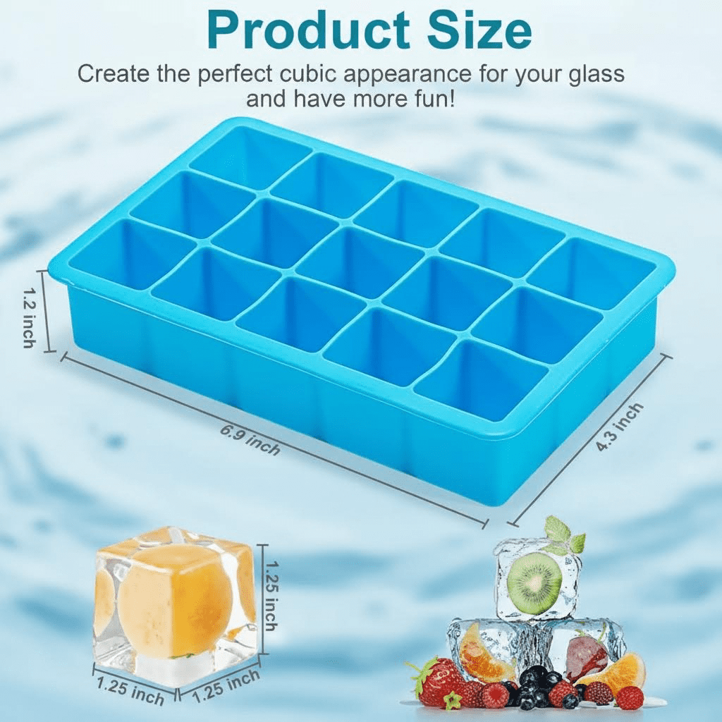 2 Pack Silicone Ice Cube Trays with Easy Release, Flexible Freezer Molds for 15 Cubes, Reusable BPA-Free for Cocktails and Whiskey