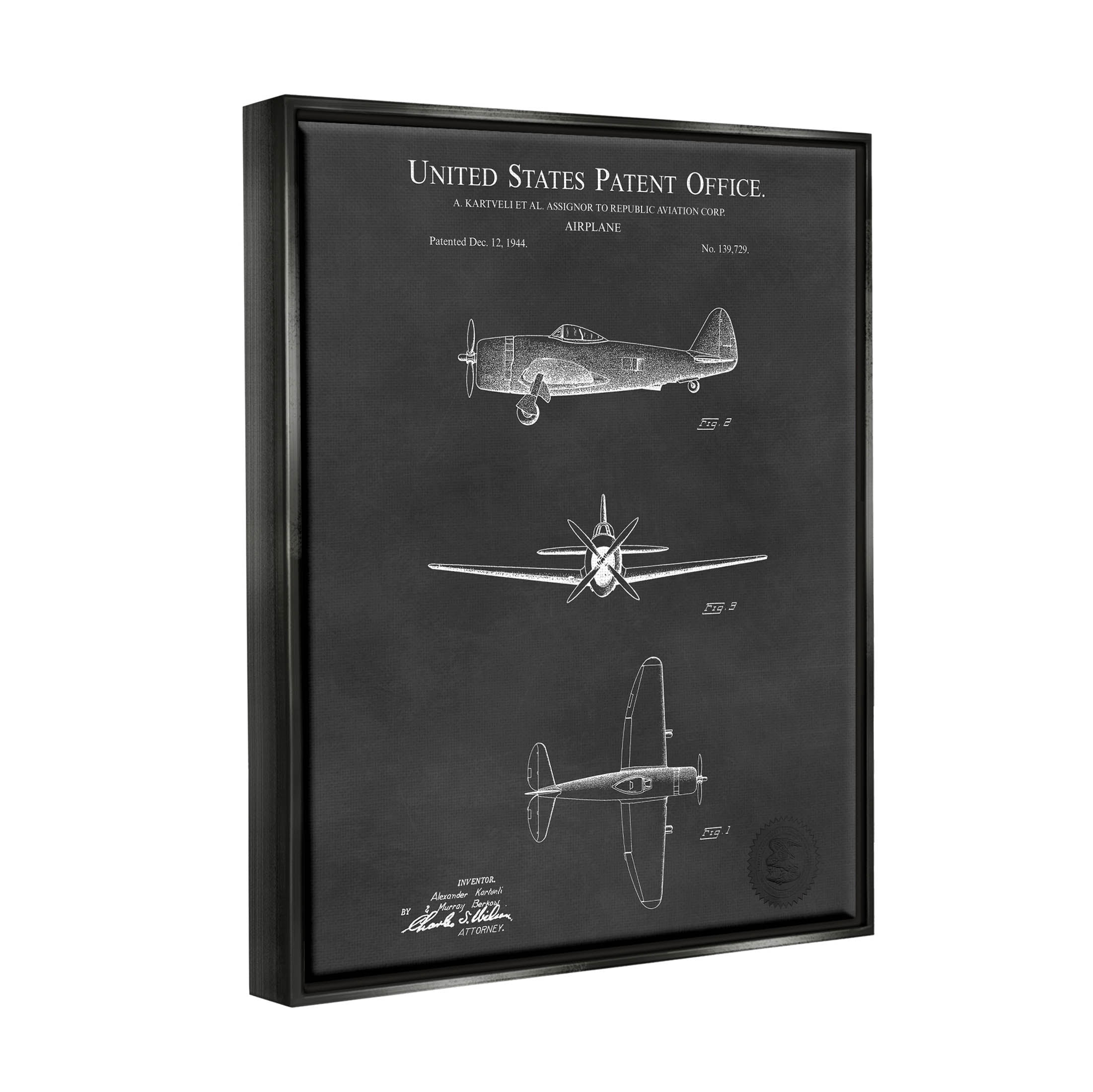 Stupell Industries US Aircraft Patent Diagram Graphic Art Jet Black Floating Framed Canvas Print Wall Art, Design by Karl Hronek
