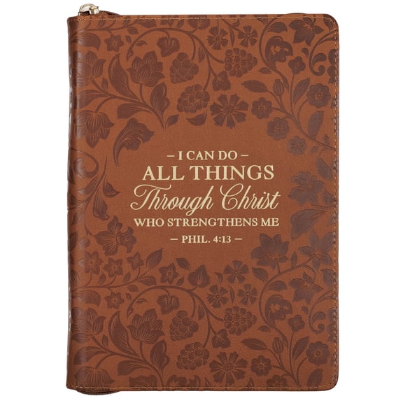Christian Art Gifts Brown Vegan Leather Zipped Journal, Inspirational Women’s Notebook Floral All Things Scripture, Flexible Cover, 336 Ruled Pages, Ribbon Bookmark, Phil. 4:13 Bible Verse