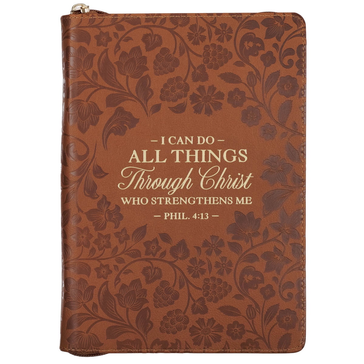 Christian Art Gifts Brown Vegan Leather Zipped Journal, Inspirational Women’s Notebook Floral All Things Scripture, Flexible Cover, 336 Ruled Pages, Ribbon Bookmark, Phil. 4:13 Bible Verse