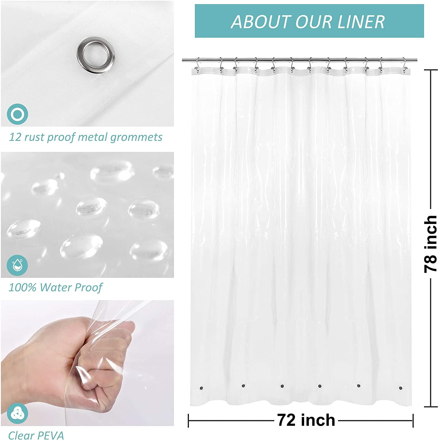 Shower Curtain Liner 72 X 78 Inch, Peva Heavy Duty Extra Long With 3