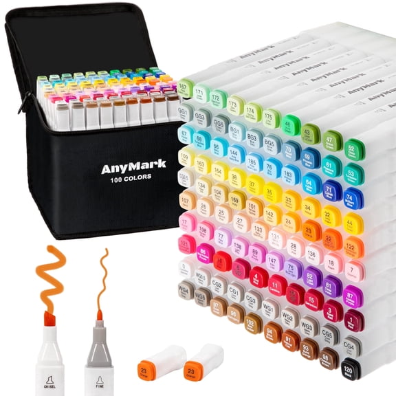 AnyMark Alcohol Markers, 100 Colors Dual Tip Art Coloring Markers Set for Adult Book Drawing Sketching Painting, Chisel & Fine, White Penholder