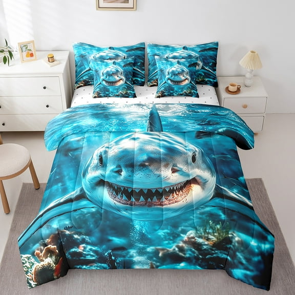Erosebridal 3D Shark Bedding Sets Twin Size, Ocean Animal Comforter Sets with Sheets, Underwater World Bed Set, Microfiber Room Decorative, 7 Pieces