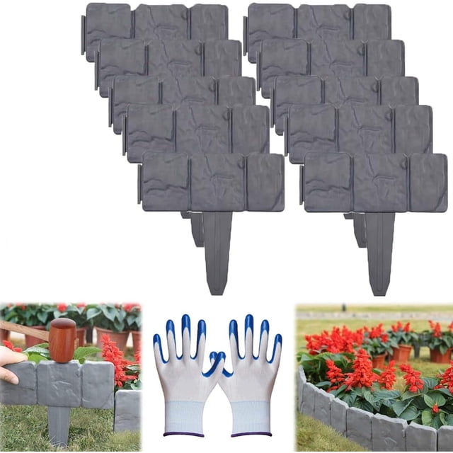 10-Pack Imitation Stone Garden Fence Plastic Retaining Edging Border Grey Cobbled Effect Landscape Decor Interlocking Decorative Panels Flower Bed Path Lawn Outdoor Picket Yard Grass Edge (Gray)