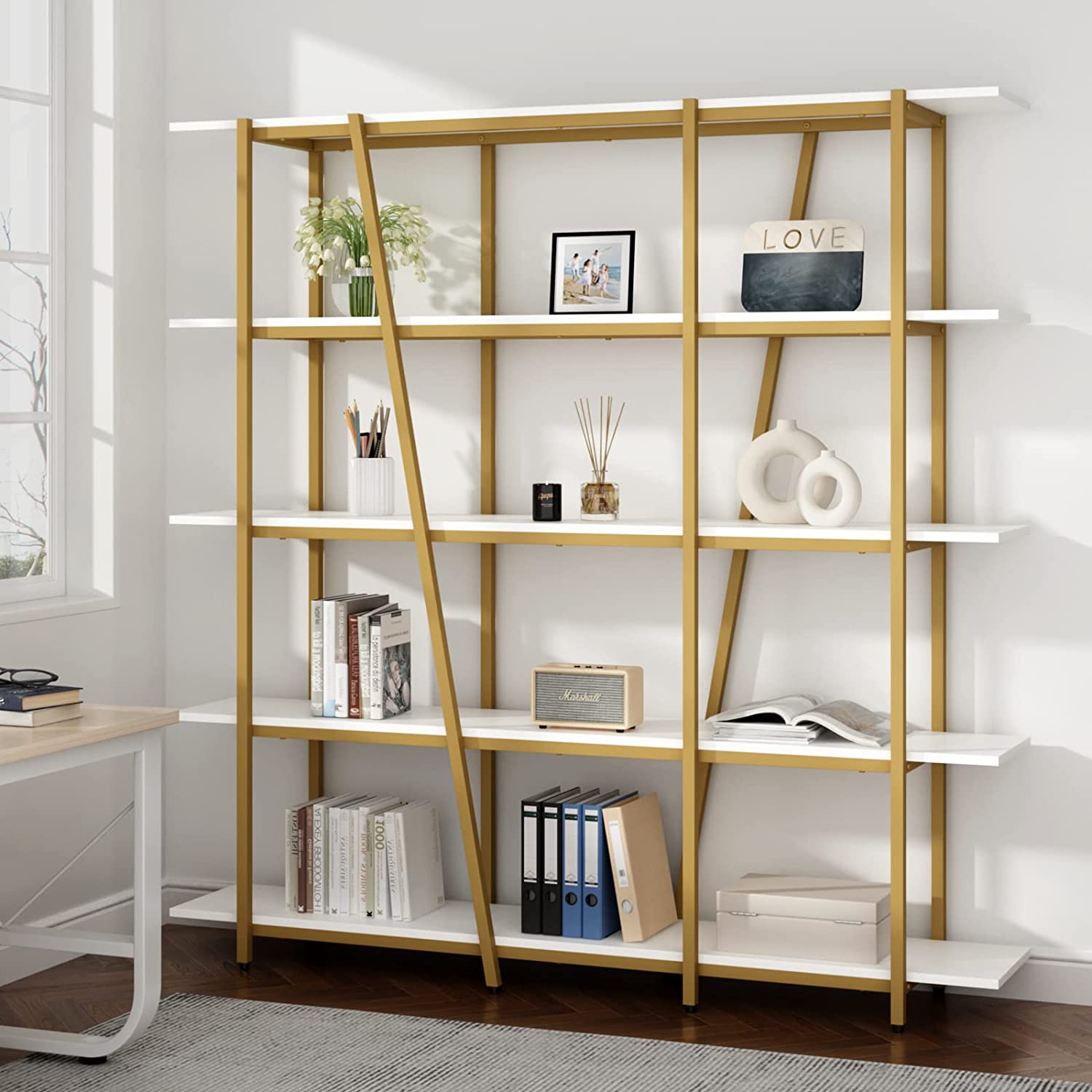 Gyfimoie Triple Wide 5Tier Bookshelf, Tall Modern Display Shelves with