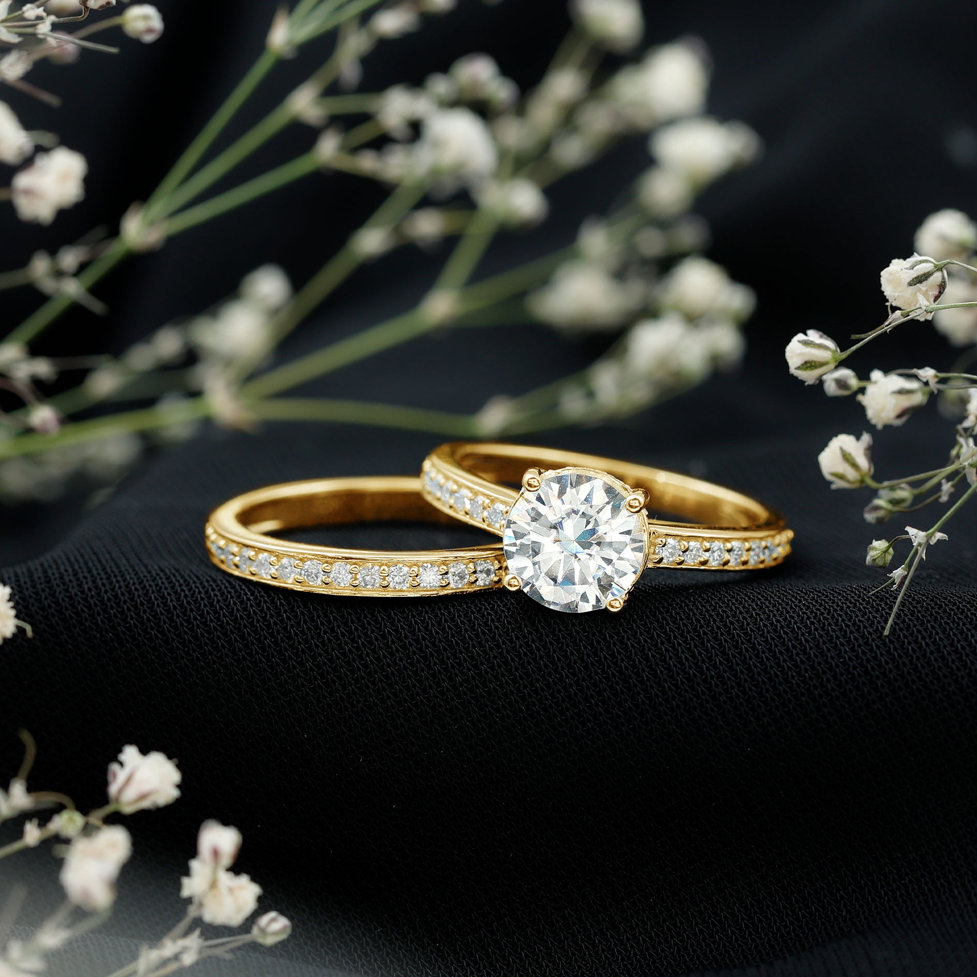 Rosec Jewels Lab Grown Diamond Wedding Engagement Ring Set for Women - 2 Carat Engagement Ring with Band - EF-VS Quality, 10K Yellow Gold, US 8.50