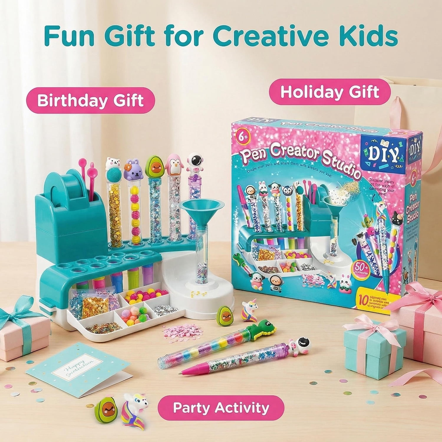 DIY Pen Making Kit with Pen Creator Studio, 50+ Accessories, Make 10 Sparkly Decorative Pens with Beads, Sequins and Charms, Craft Activity Gift Set