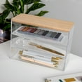 thumbnail image 3 of Martha Stewart Brody Clear Plastic Storage Organizer Bins with Light Natural Paulownia Wood Lid for Home Office, Kitchen, or Bathroom, 3 Pack Medium 7.5" x 3", 3 of 10
