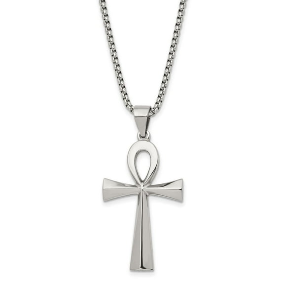 Auriga Fine Jewelry Stainless Steel Polished Ankh Pendant on a 25.5 inch Box Chain Necklace for Men 25.5"
