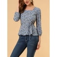 thumbnail image 6 of INSPIRE CHIC Women's Floral Square Neck Long Sleeves Tie Waist Blouse XS Blue, 6 of 7