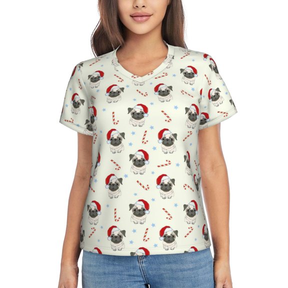 Vsdgher Christmas Pug Dog Women Shirts V Neck Short Sleeve Tops T-Shirt Basic Tees, S to 3XLSmall