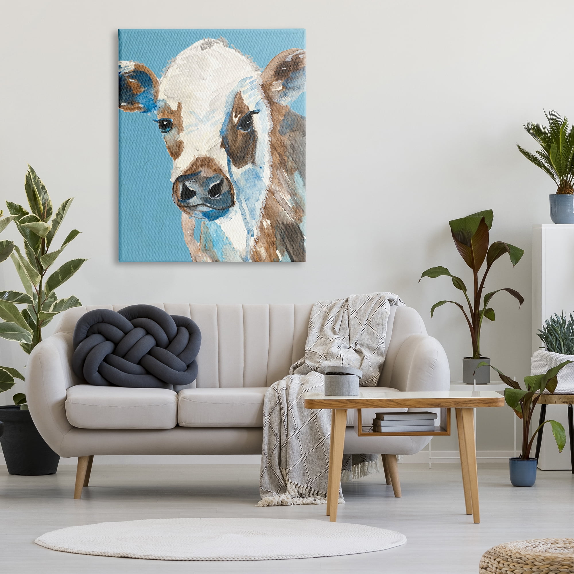 Stupell Industries Cow with Blue Background Animals & Insects Painting Gallery Wrapped Canvas Print Wall Art, 36 x 48