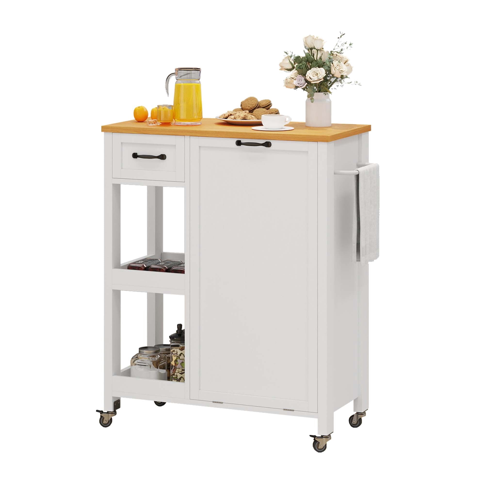 Uforic Kitchen Storage Cart with 13-gal Trash Storage Cabinet, Kitchen Island with Shelves & Drawer, White