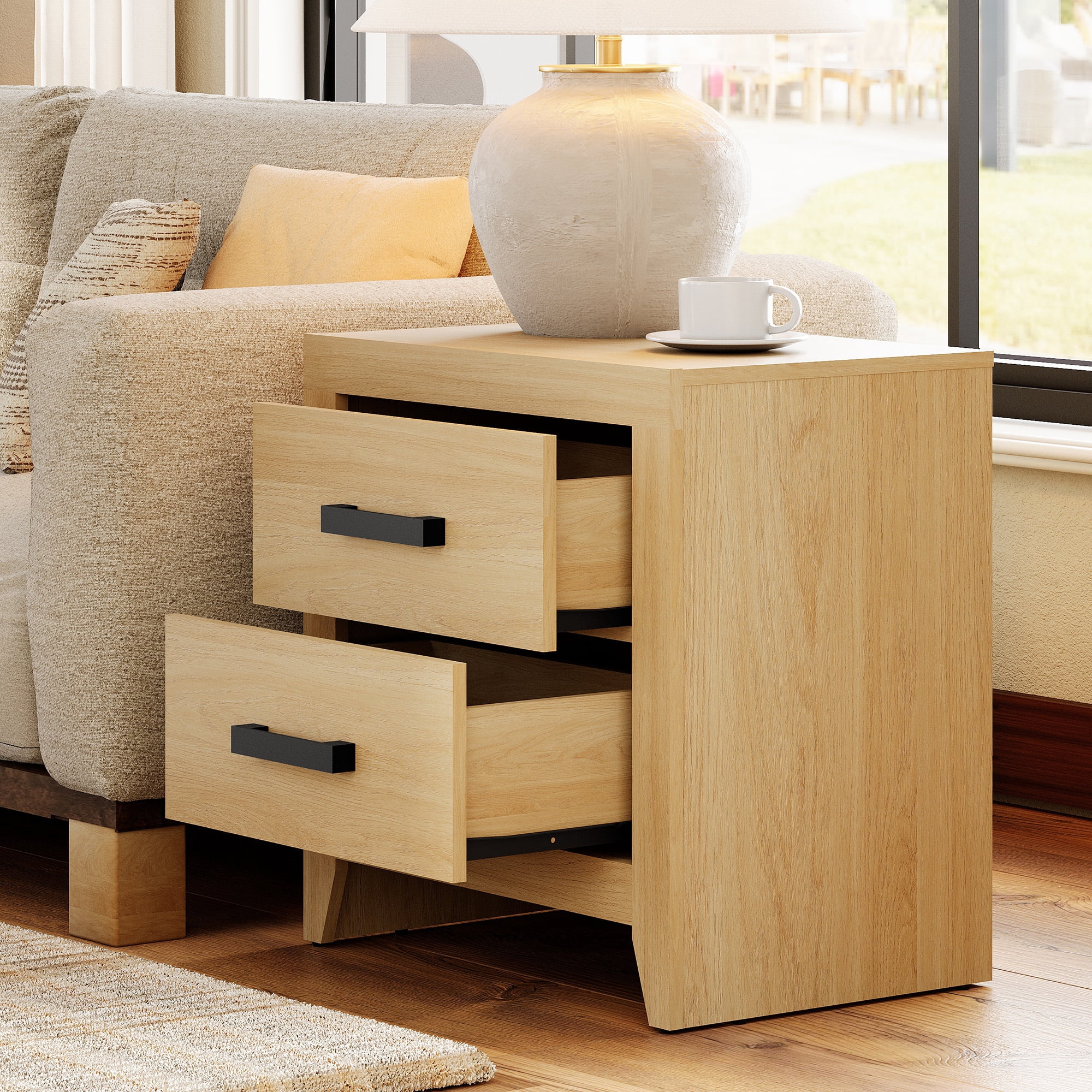 Farmhouse Rustic Wooden Nightstand With 2 Smooth‑Glide Storage Drawers,Solid‑Base Bedside End Table,Multi‑Purpose Accent Side Cabinet For Bedroom,Living‑Room,Oak