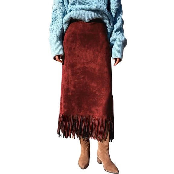 qucoqpe Skirts for Women Summer Fashion Casual Fringe Western Tassel High Waist Midi Skirt