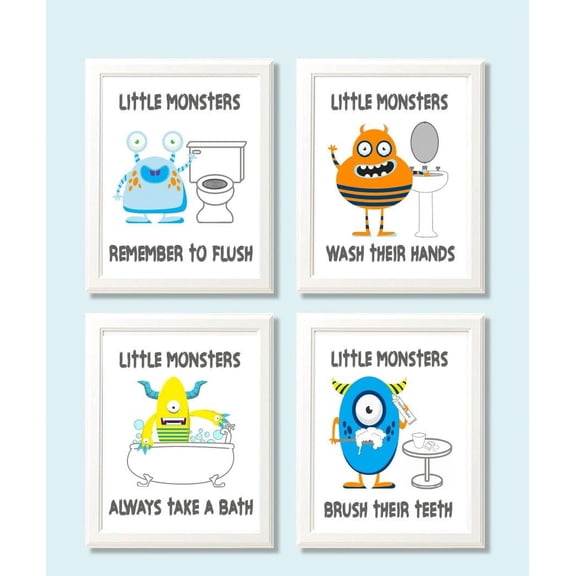 Fun Monster Children Bathroom Wall Art Print (Set of Four) Picture ation