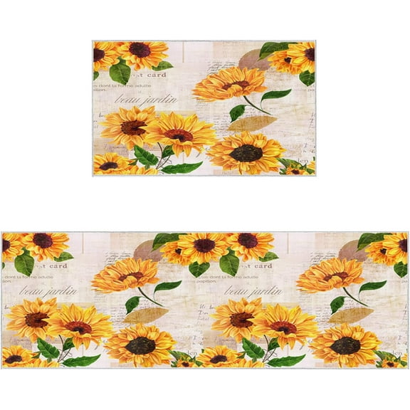 Summer Sunflower Clip Newspaper Text Retro Kitchen Rugs and Mats Set of 2 Kitchen Sink Mat,Non-Slip Area Runner Rug,Washable Floor Mat for Home Dining Room Office 18"x30" 18"x48"