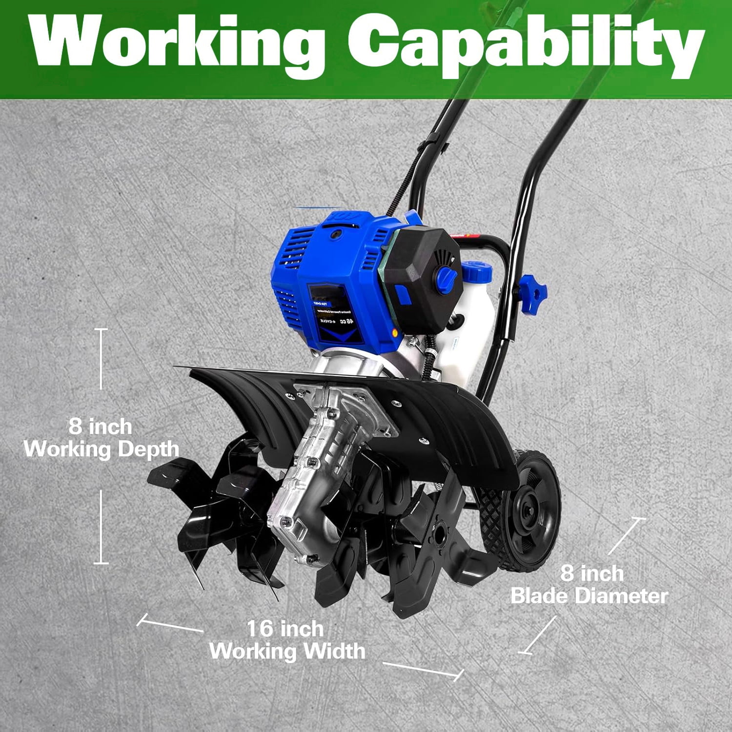 ANLIBATT 46cc 1.9HP 16-Inches Gas Tiller 8" Tilling Depth Easy Start Adjustable Wheels Foldable Heavy Duty Cultivator Rototiller for Garden Soil