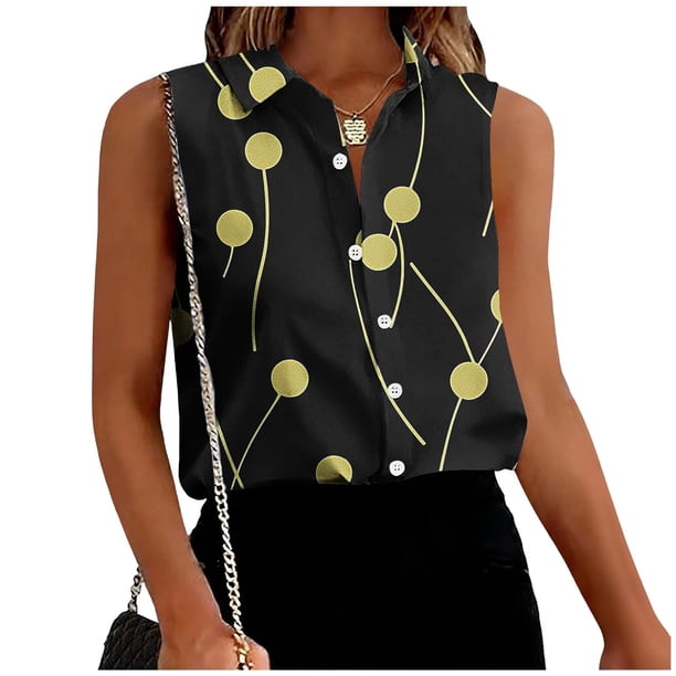 TaTaai Button Lapel Blouse Lightweight Breathable Women's Casual Fashion Printed Sleeveless Short Sleeve Loose Summer Smart-Casual Top Gift