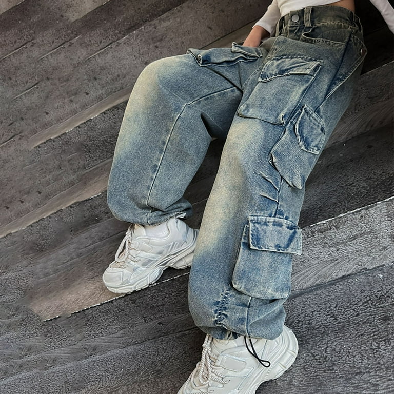 Girls Jeans Denim Elastic Wasit Wide Leg Baggy Pants Flap