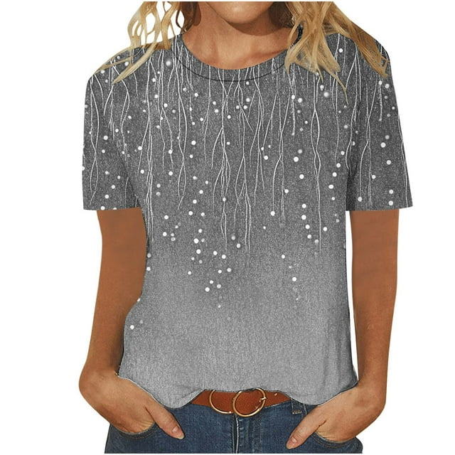 Staron Blouses d'Été pour Femmes, Manches Courtes Décontractées, Imprimé Floral, Col Rond, Basique, Business, Tunique Grise TTTG