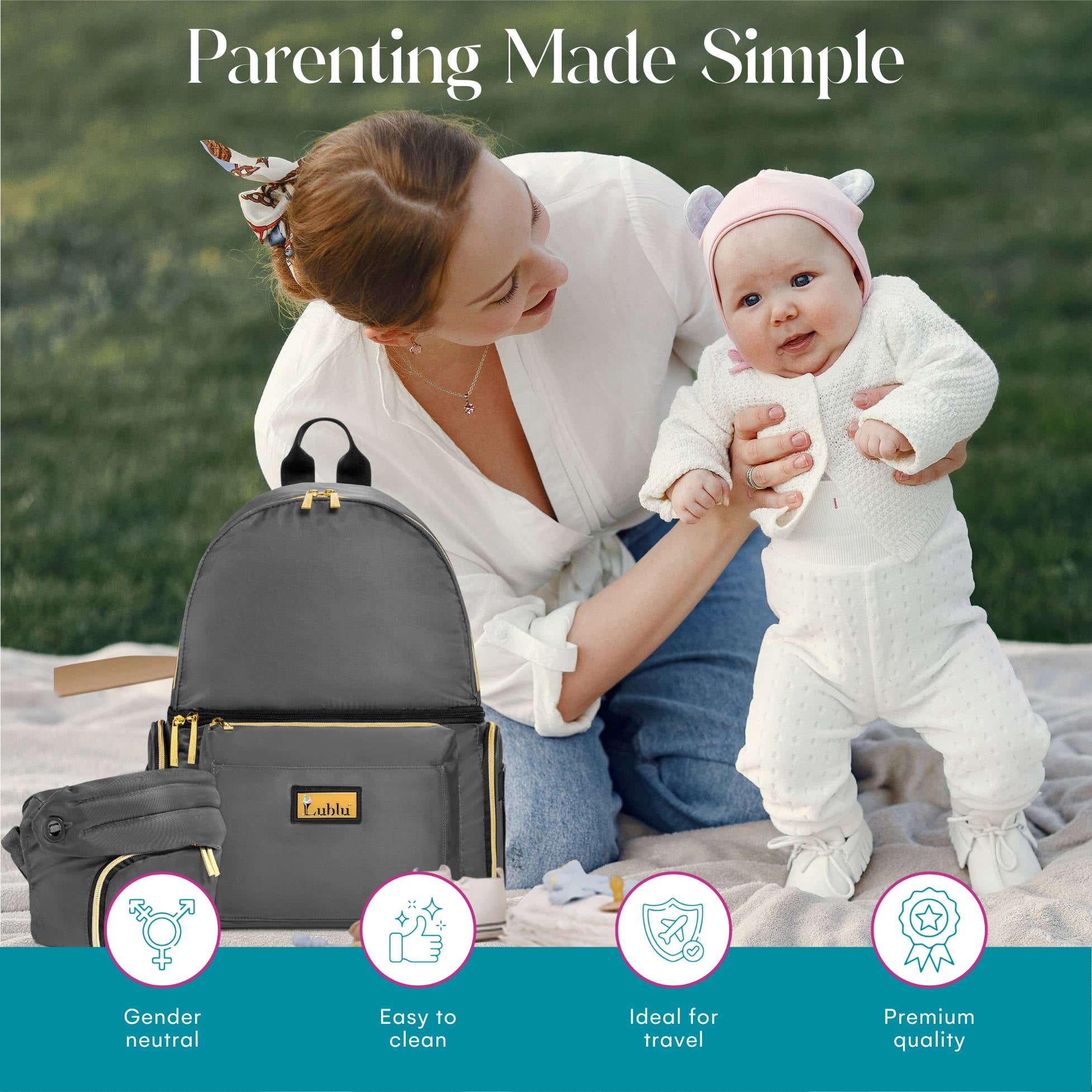 Lublu Diaper Bag Backpack with Baby Carrier, Hip Seat, Changing Pad, Insulated Pockets, Black or Grey (Black)