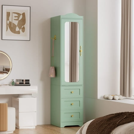 Cyehnenx Armoire Wardrobe Closet with Mirror Door and 3 Drawers, 69.5" H Wood Bedroom Clothing Storage Cabinet with Hanging Rod & Sensor Light, Cream Green