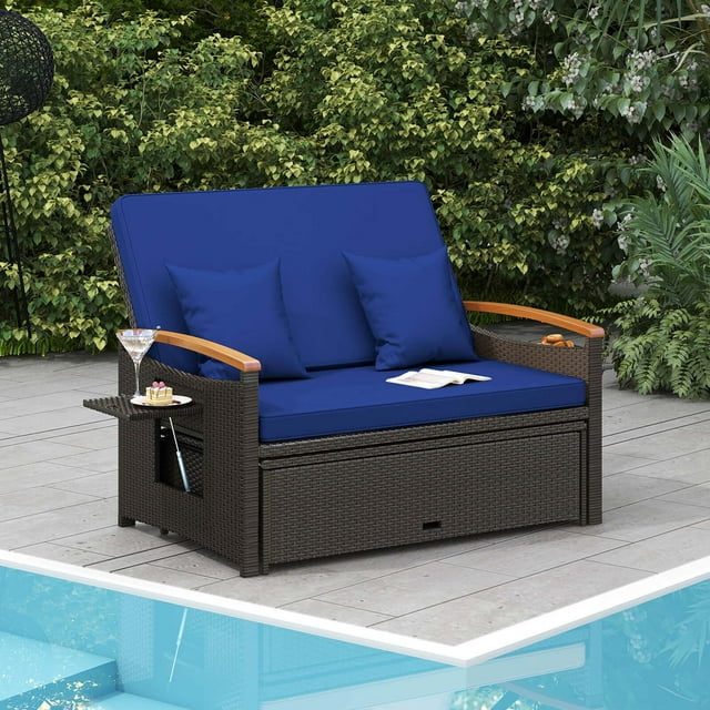 Costway Patio Rattan Daybed Set with Cushioned Loveseat & Storage Ottoman for Porch Navy
