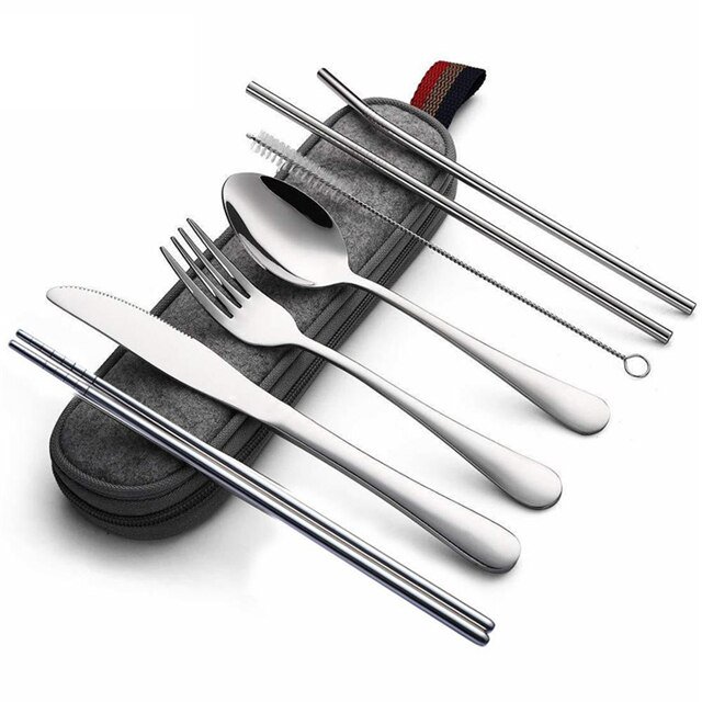 Juego de cubiertos de viaje reutilizables, juego de utensilios de campamento con cuchara de acero inoxidable, tenedor, palillos, Pajita, estuche portátil, 8 piezas por juego Fivean unisex